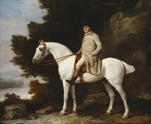 Un Gentilhomme sur un Cheval Gris dans un Paysage Rocheux et Boisé