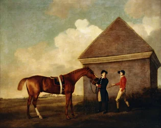 "Eclipse", un Cheval de Course Alezan Foncé tenu par un Palefrenier, avec un Jockey, Peut-être Jack Oakley, près de la Maison de Frottement à Newmarket, 1770