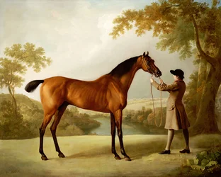 Tristram Shandy, un cheval de course bai tenu par un palefrenier dans un paysage vaste, c.1760