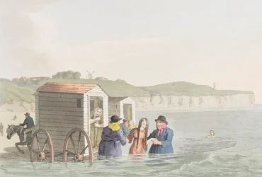 Bain de mer dans la baie de Bridlington, extrait de "Costumes of Yorkshire", par George Walker