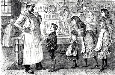 Un dessin animé représentant un chef prenant des commandes des enfants de la maison. Illustré par George du Maurier (1834-1896), un caricaturiste et auteur franco-britannique
