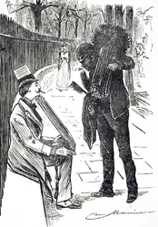 Une caricature représentant un ramoneur portant ses brosses dans les rues de Londres. Illustré par George du Maurier (1834-1896) un caricaturiste et auteur franco-britannique