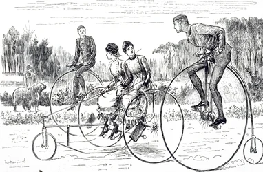 Une caricature représentant un groupe de jeunes gens faisant du tricycle. Illustré par George du Maurier (1834-1896) un caricaturiste et auteur franco-britannique