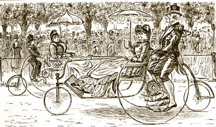 Une gravure représentant des passagers dans des carrioles à vélo. Illustré par George du Maurier (1834-1896) un caricaturiste et auteur franco-britannique