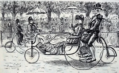 Une gravure représentant des passagers dans des carrioles à vélo. Illustré par George du Maurier (1834-1896) un caricaturiste et auteur franco-britannique