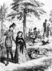 Dessin représentant une domestique marchant avec son amant par George du Maurier (1834-1896) un caricaturiste et auteur franco-britannique