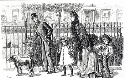 Caricature représentant une famille marchant dans les rues du Londres victorien
