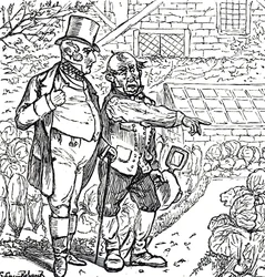 Caricature représentant un gentleman avec le jardinier dans le potager