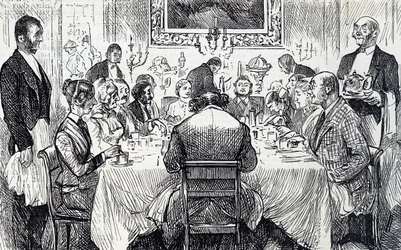 Dessin animé représentant une soirée élégante dans une maison victorienne