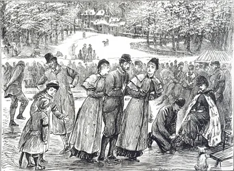 Caricature représentant des patineurs patinant sur un lac gelé