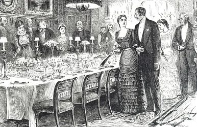Dessin animé intitulé "Aller dîner" représentant un jeune couple entrant dans une salle à manger