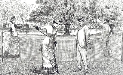 Gravure représentant une joueuse de tennis mal à l