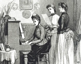 Gravure représentant des jeunes filles chantant dans le salon