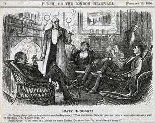 Messieurs réunis dans la salle de fumeurs fumant leurs cigares après le dîner. Caricature de George du Maurier pour Punch, Londres 1886