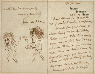 Lettre avec dessin de Whistler menaçant Du Maurier