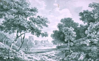 Une maison vue à travers un parc ouvert