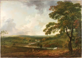 Vue dans le parc de Welbeck avec un ruisseau sinueux