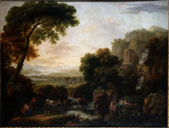 Paysage italianisant avec une vue capricieuse de Tivoli, un berger et une bergère et du bétail