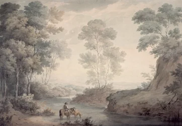 Paysage avec rivière et chevaux s