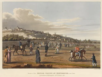 Revue des troupes britanniques à Montmartre, près de Paris, par le duc de Wellington, 21 octobre 1815, gravée par M. Dubourg, 1819 (aquatinte colorée)