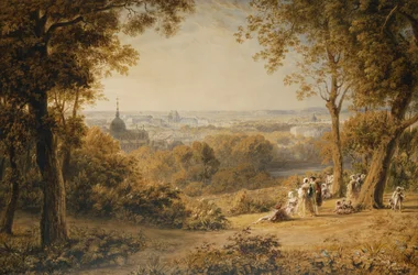 Vue de Versailles avec des figures élégantes au premier plan au coucher du soleil