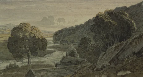 Soir, paysage, avec cottage et rivière