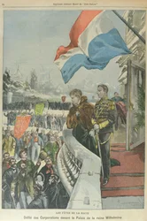 Procession des corporations à La Haye devant la reine Wilhelmine des Pays-Bas pour célébrer son mariage avec le duc Henri de Mecklembourg, février 1901