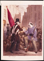 Un ouvrier partageant son pain avec un étudiant portant un drapeau rouge, de 