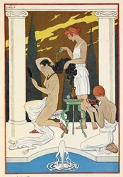 Rome antique. Un personnage se faisant laver les cheveux par des serviteurs.