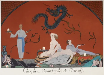 Chez la Marchande de Pasots. Des gens, certains nus, allongés dans une pièce. Décoration chinoise.