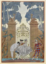 Colombine. Des gens debout devant une porte. Un Pierrot.