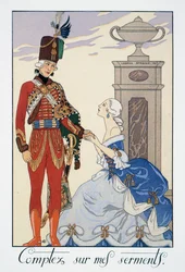 Comptez sur mes serments, hussard hongrois, lithographie de George Barbier (1882-1932), de Falbalas et Fanfreluches, Almanach des Modes Présentes, Passées et Futures