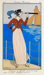 Costume de Yacht : veste de drap, jupe de toile, chapeau de cuir. Une femme portant un costume de yacht : une veste en drap rouge, une jupe en lin rayé, un chapeau en cuir et une écharpe bleue. Elle utilise un télescope, pointant vers le bateau en arrière-