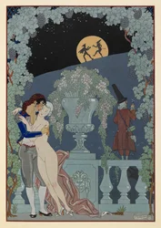 Fantoches. (Marionnettes) de Fêtes Galantes de Debussy, Scaramouche et Pulcinelle. Un homme embrassant une femme nue. Deux figures en silhouette contre la lune.