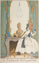 Mademoiselle Sorel en grand habit. Une femme debout devant une cheminée.