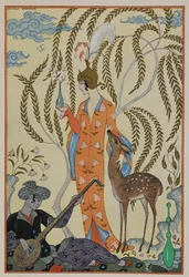 Perse. Une femme avec un faon. Un musicien
