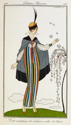 Petit manteau de velours, robe de linon. Femme portant un petit manteau de velours, avec une robe de linon rayée, des chaussures orange à bride en T et un chapeau garni de noir et de rouge. Costumes Parisiens.