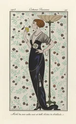 Robe du soir en satin noir et tulle bordée de brillants, tirée de Costumes Parisien, publiée en 1913