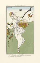 Toilette de taffetas imprimé, Chapeau de paille, de Costume Parisiens, pub.1914