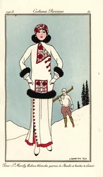 Femme en tenue pour St. Moritz en frise blanche garnie de mouffettes et brodée de laine