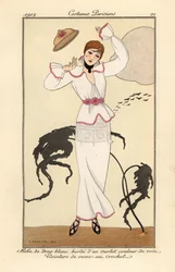 Femme en robe de laine blanche avec bordure rose, ceinture de roses au crochet, perdant son chapeau dans le vent