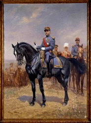 Première Guerre mondiale : portrait équestre de Ferdinand Foch (1851-1929) maréchal de France. Derrière lui, Douglas Haig, Armando Diaz et Maxime Weygand