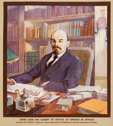 Lénine dans son bureau au Kremlin à Moscou, tiré de Histoire des Soviets, pub. 1922