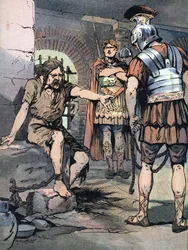 Guerre des Gaules : « Le guerrier gaulois Vercingétorix prisonnier dans les armes romaines de Jules César dans les prisons du Tullianum, 46 av. J.-C. » Illustration par