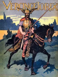 Portrait de Vercingétorix (vers 80 - vers 46 av. J.-C.), guerrier et chef gaulois de la tribu des Arvernes (Portrait de Vercingétorix, 82 av. J.-C. - 46 av. J.-C., chef de la tribu des Arvernes). Illustration de Georges Conrad (1874-1936), tirée de Nos