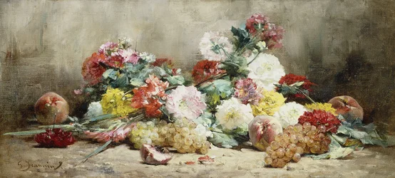 Œillets, roses, raisins et pêches