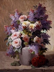 Nature morte aux roses et lilas. Peinture de Georges Jeannin (1841-1925) Collection privee.
