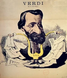 Caricature du compositeur Giuseppe Verdi (1813-1901) par Pilotell (1845-1918), mars 1869. Conservatoire National de Musique, Paris