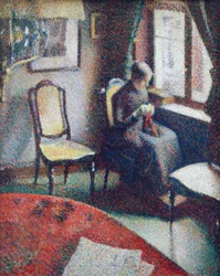 Femme cousant à la fenêtre