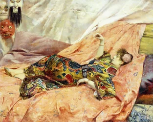 Portrait de Sarah Bernhardt, allongée dans un intérieur chinois